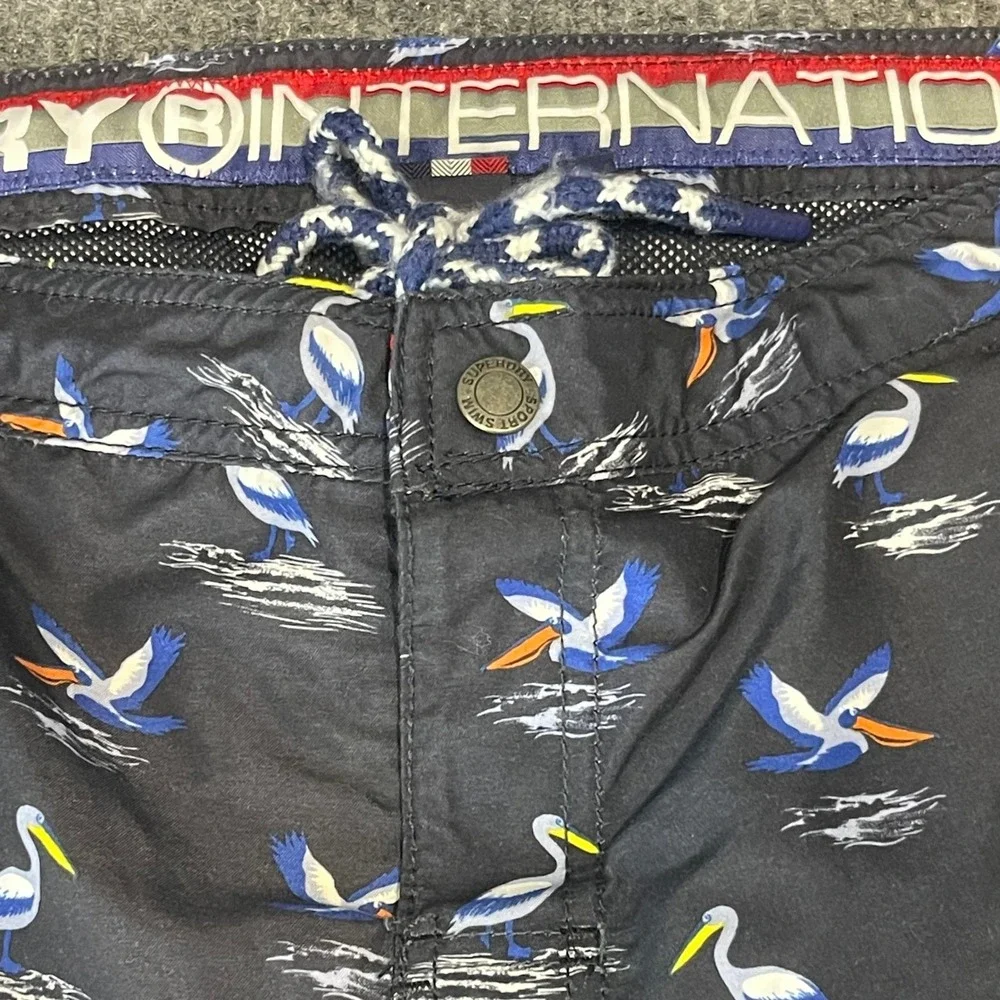 Superdry Pelican Print Swim Shorts Mens L Navy Blue Excellent Mesh‎ Lined Trunks